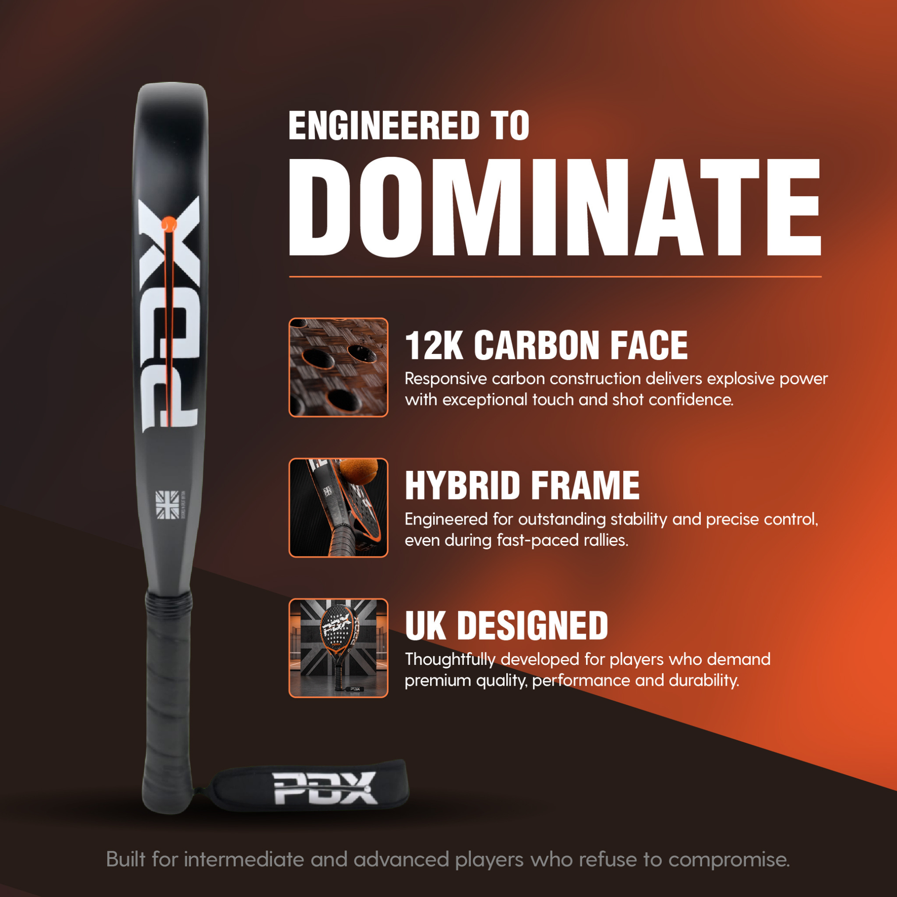 PDX Furia Pro Padel Racket | Complimentary Racket Carrier Bag | Full Carbon Fibre 12K Face | 355g Hybrid | Power