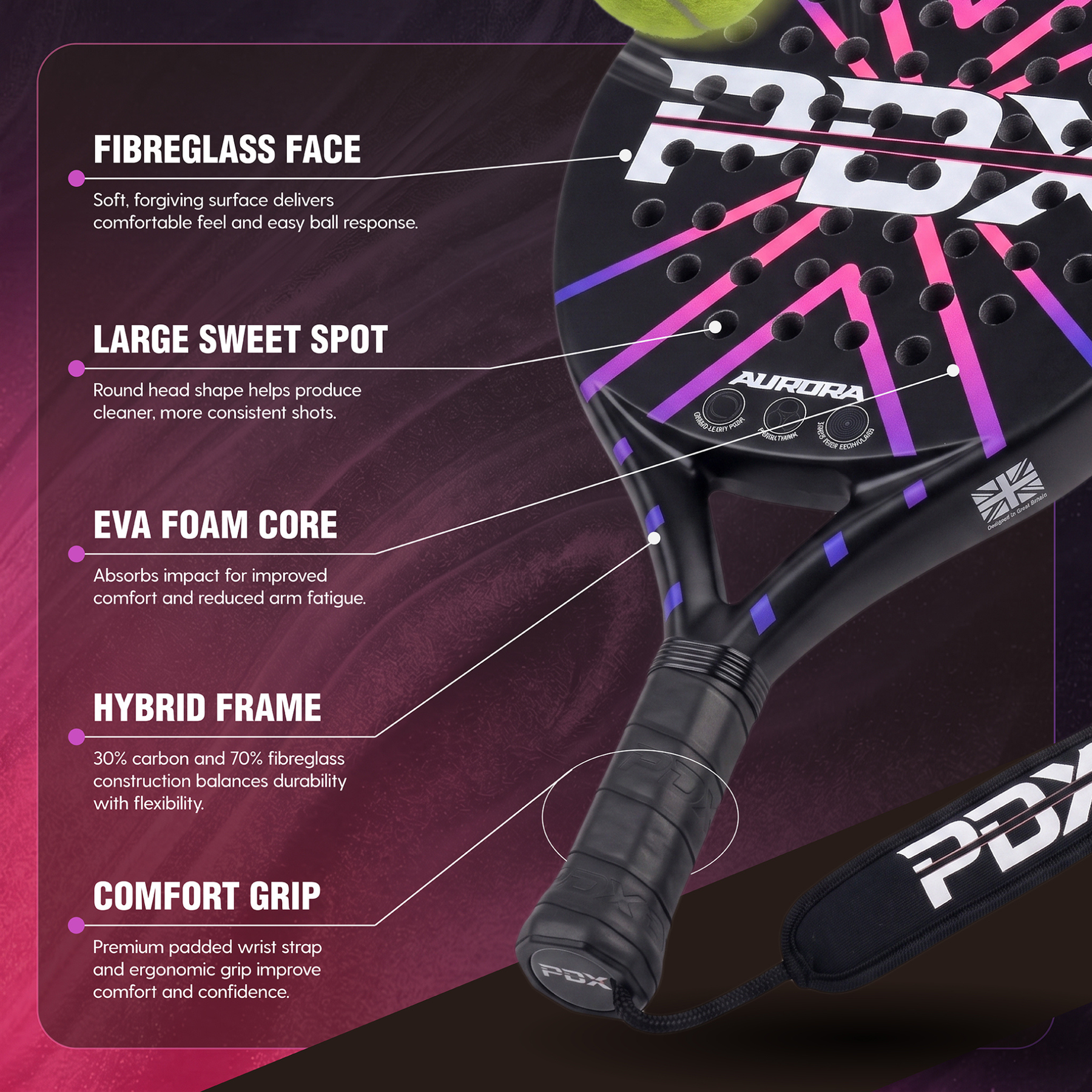 PDX Aurora Beginner Padel Racket | Complimentary Racket Carrier Bag | 30% Carbon 70% Fibreglass | 355g Round | Control