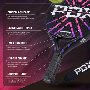 PDX Aurora Beginner Padel Racket | Complimentary Racket Carrier Bag | 30% Carbon 70% Fibreglass | 355g Round | Control