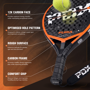 PDX Furia Pro Padel Racket | Complimentary Racket Carrier Bag | Full Carbon Fibre 12K Face | 355g Hybrid | Power