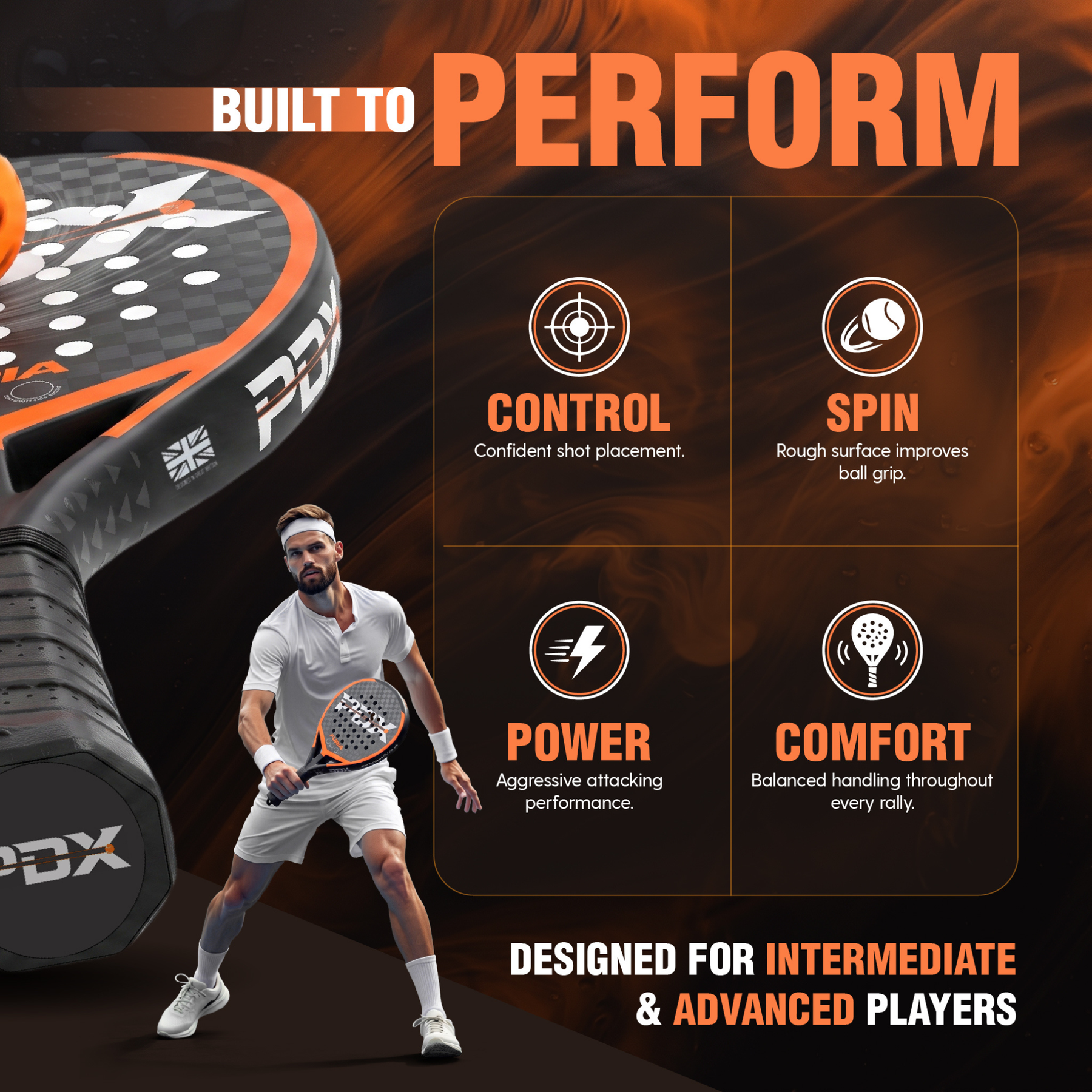 PDX Furia Pro Padel Racket | Complimentary Racket Carrier Bag | Full Carbon Fibre 12K Face | 355g Hybrid | Power