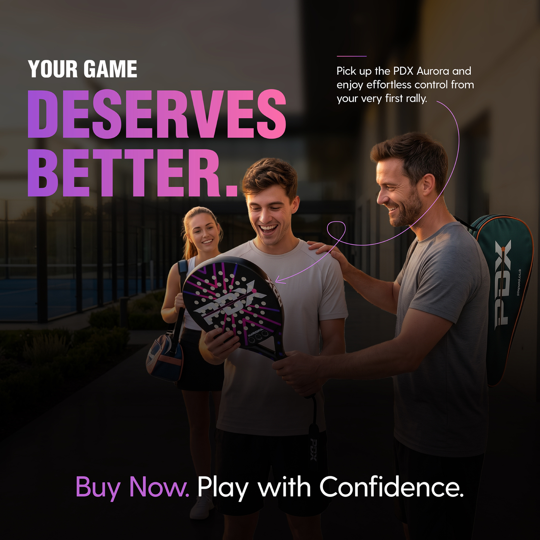 PDX Aurora Beginner Padel Racket | Complimentary Racket Carrier Bag | 30% Carbon 70% Fibreglass | 355g Round | Control