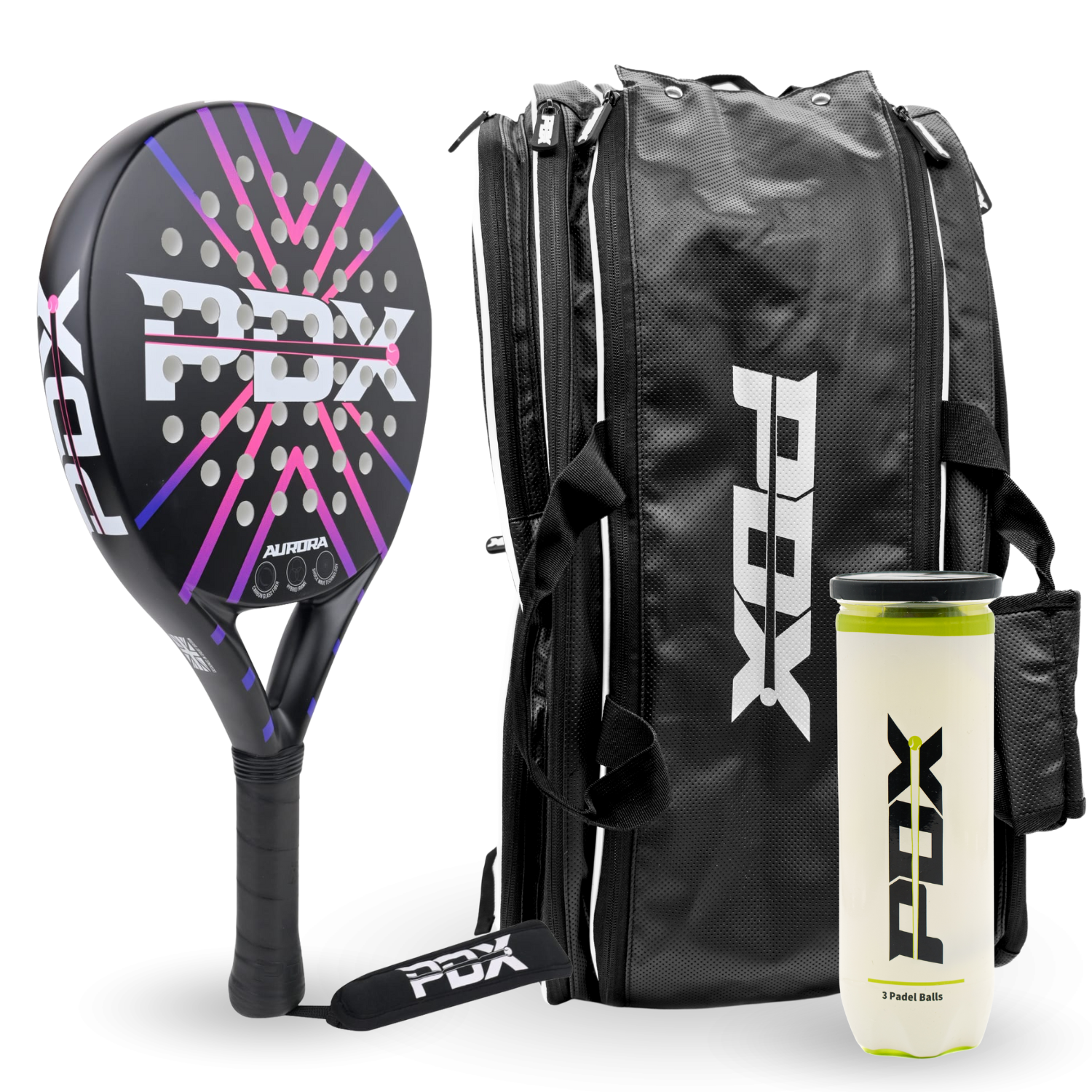 PDX Aurora Padel Bundle | Aurora Racket + PDX Bag (White Trim) + 3 Padel Balls