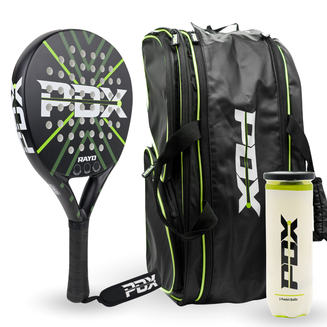 PDX Rayo padel rackets UK bundle with green trim bag