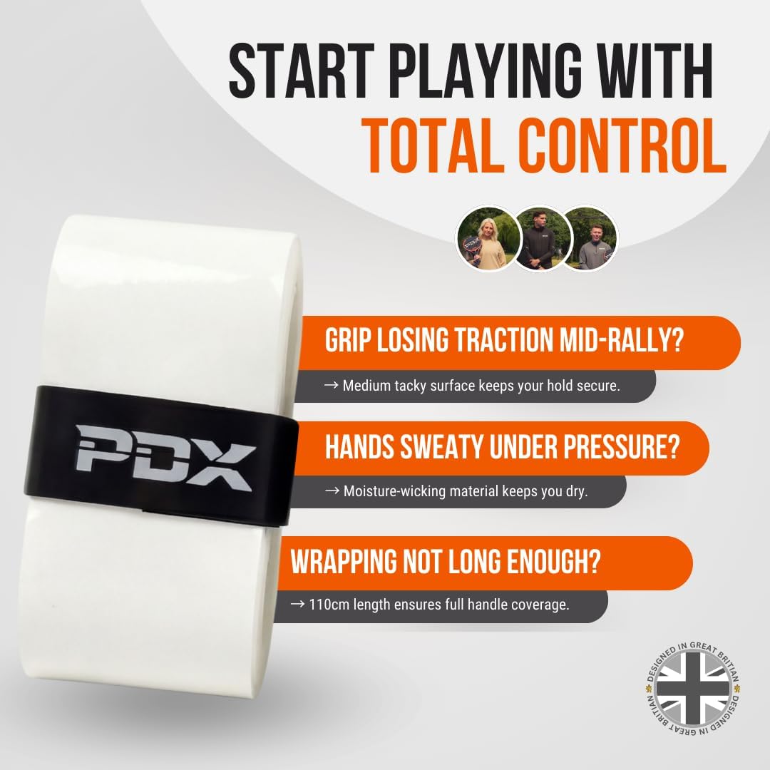 PDX Padel Overgrips – 3 Pack White | 110cm Extended Length | Medium Tacky Feel | Moisture-Wicking | For Padel, Tennis, Squash & Badminton Racquets