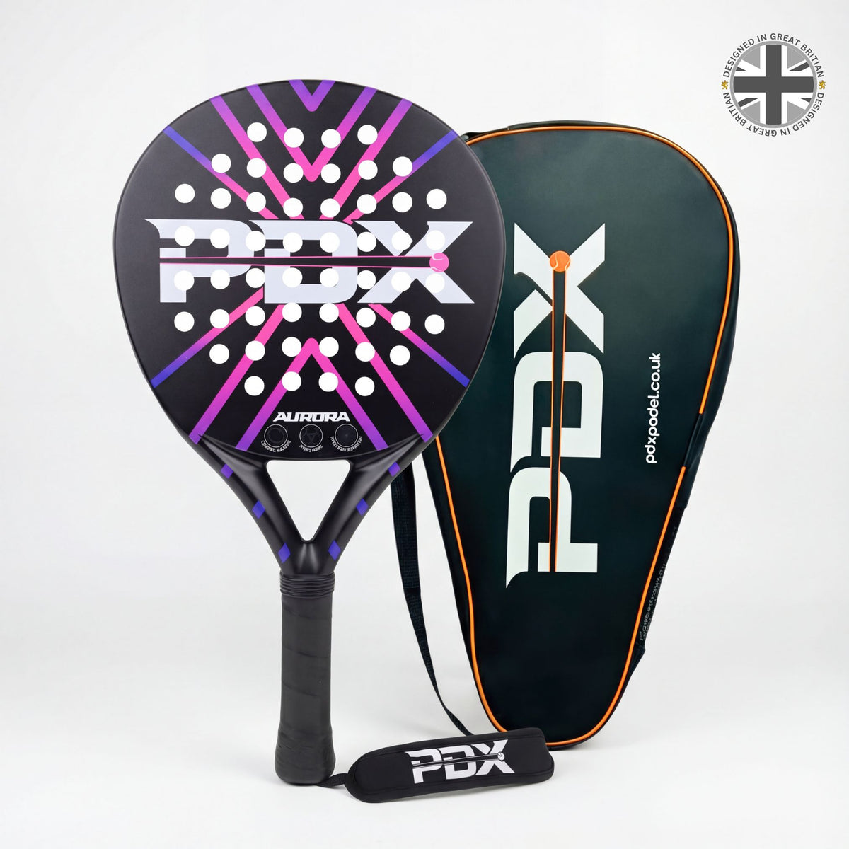 PDX Aurora Beginner Padel Racket | Complientary Racket Carrier Bag | 30% Carbon 70% Fibreglass | 355g Round | Control
