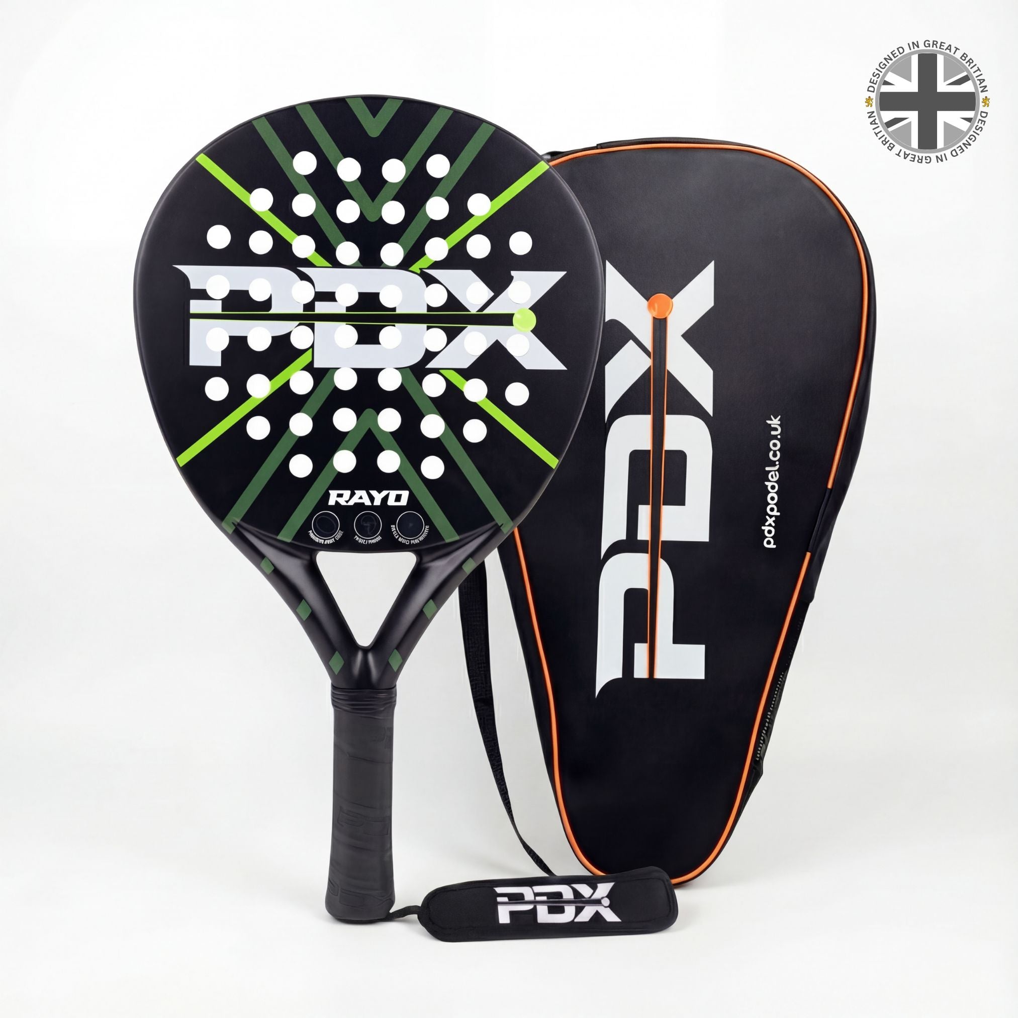 PDX Rayo Beginner Padel Racket | Complientary Racket Carrier Bag | 30% Carbon 70% Fibreglass | 355g Round | Control